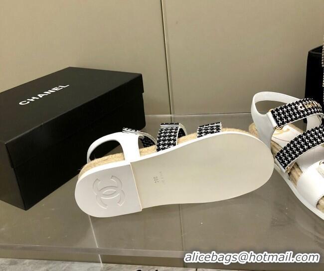 Luxury Cheap Chanel Houndstooth Strap Flat Sandals C2142 Black/White 2022