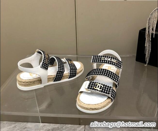 Luxury Cheap Chanel Houndstooth Strap Flat Sandals C2142 Black/White 2022