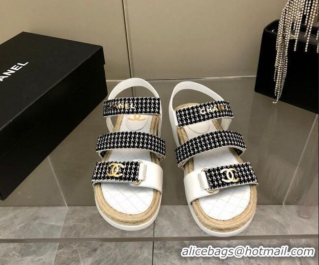 Luxury Cheap Chanel Houndstooth Strap Flat Sandals C2142 Black/White 2022