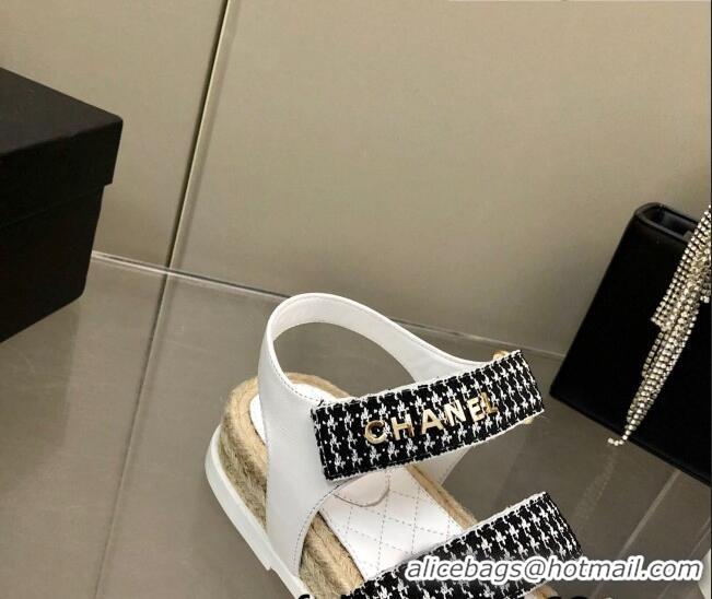 Luxury Cheap Chanel Houndstooth Strap Flat Sandals C2142 Black/White 2022