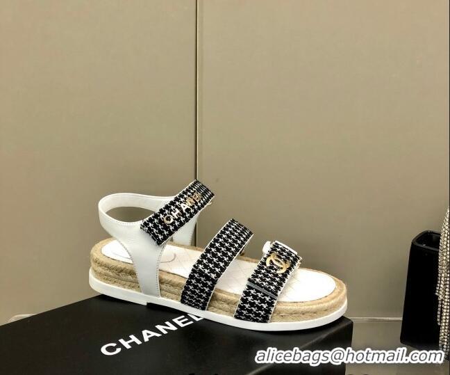 Luxury Cheap Chanel Houndstooth Strap Flat Sandals C2142 Black/White 2022