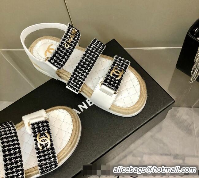 Luxury Cheap Chanel Houndstooth Strap Flat Sandals C2142 Black/White 2022