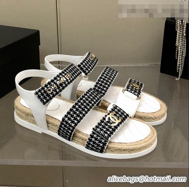 Luxury Cheap Chanel Houndstooth Strap Flat Sandals C2142 Black/White 2022