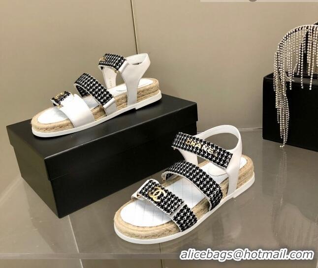 Luxury Cheap Chanel Houndstooth Strap Flat Sandals C2142 Black/White 2022