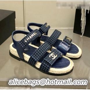 Popular Style Chanel Houndstooth Strap Flat Sandals C2142 Blue 2022