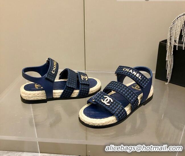 Popular Style Chanel Houndstooth Strap Flat Sandals C2142 Blue 2022