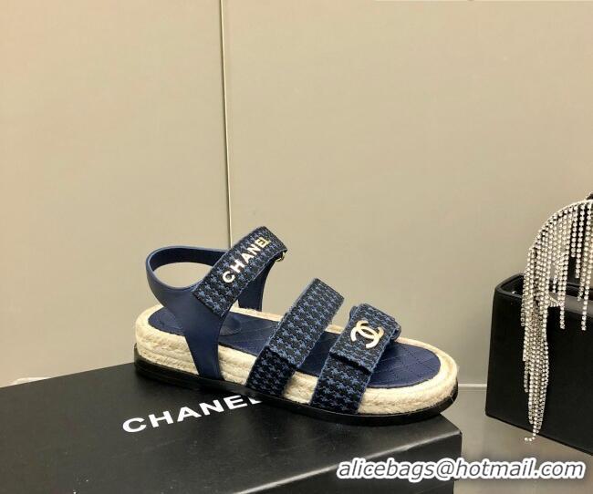 Popular Style Chanel Houndstooth Strap Flat Sandals C2142 Blue 2022