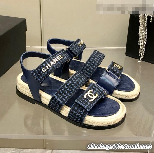 Popular Style Chanel Houndstooth Strap Flat Sandals C2142 Blue 2022