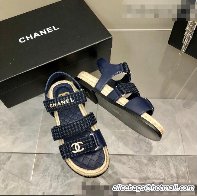 Popular Style Chanel Houndstooth Strap Flat Sandals C2142 Blue 2022