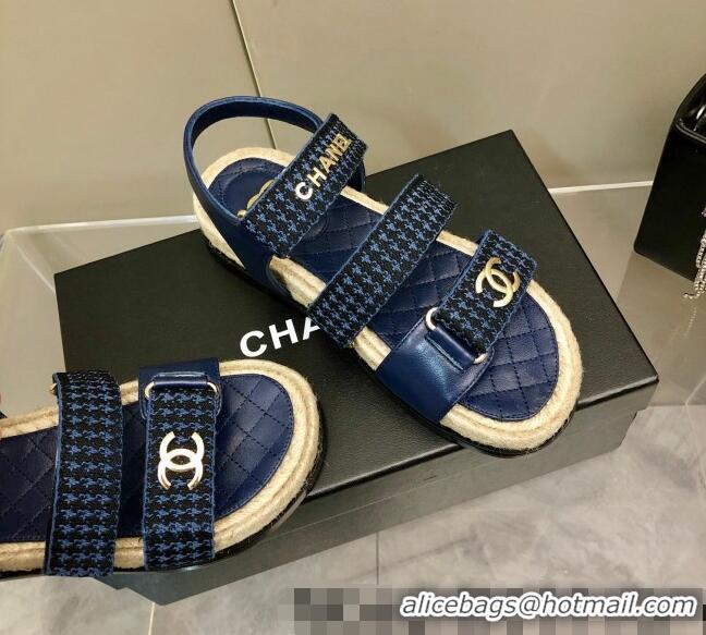 Popular Style Chanel Houndstooth Strap Flat Sandals C2142 Blue 2022