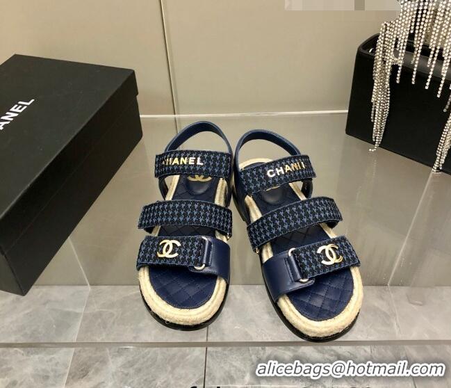 Popular Style Chanel Houndstooth Strap Flat Sandals C2142 Blue 2022