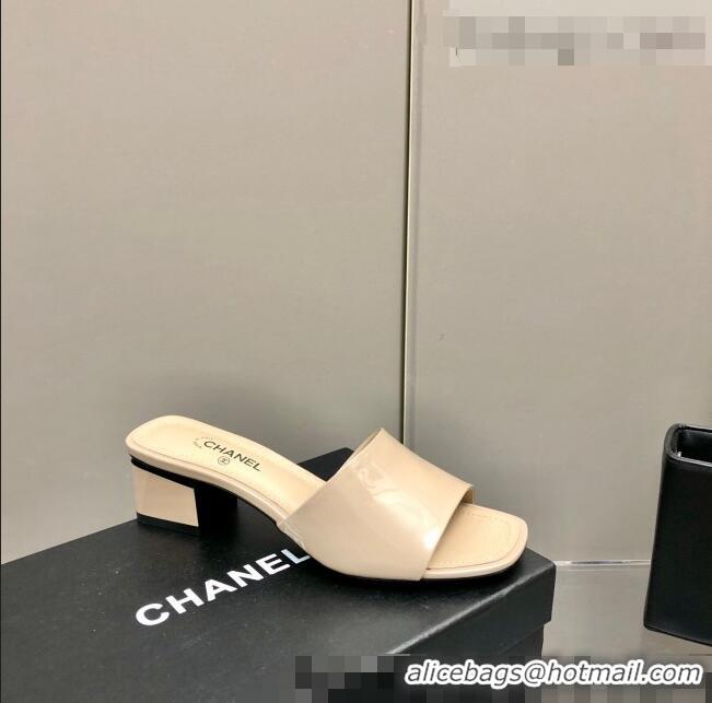 Top Quality Chanel Patent Calfskin Slide Sandals 4.5cm G38689 Beige 2022