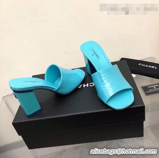 Well Crafted Chanel Patent Calfskin Slide Sandals 8.5cm G38689 Blue 2022