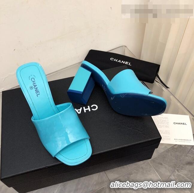 Well Crafted Chanel Patent Calfskin Slide Sandals 8.5cm G38689 Blue 2022