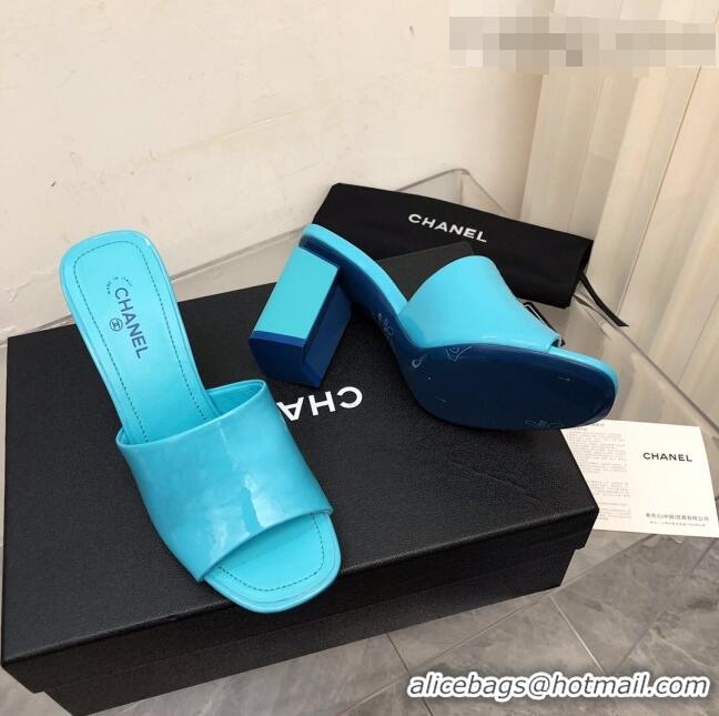 Well Crafted Chanel Patent Calfskin Slide Sandals 8.5cm G38689 Blue 2022