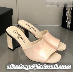 Top Quality Chanel Patent Calfskin Slide Sandals 8.5cm G38688 Beige 2022