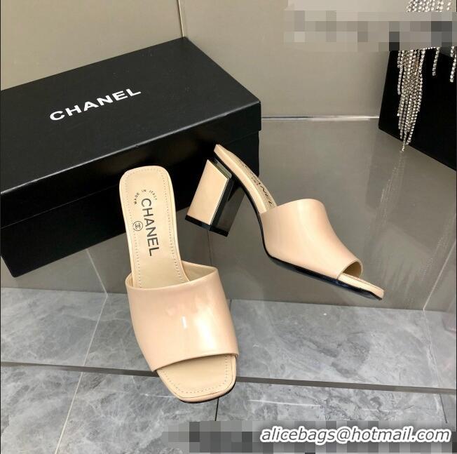 Top Quality Chanel Patent Calfskin Slide Sandals 8.5cm G38688 Beige 2022