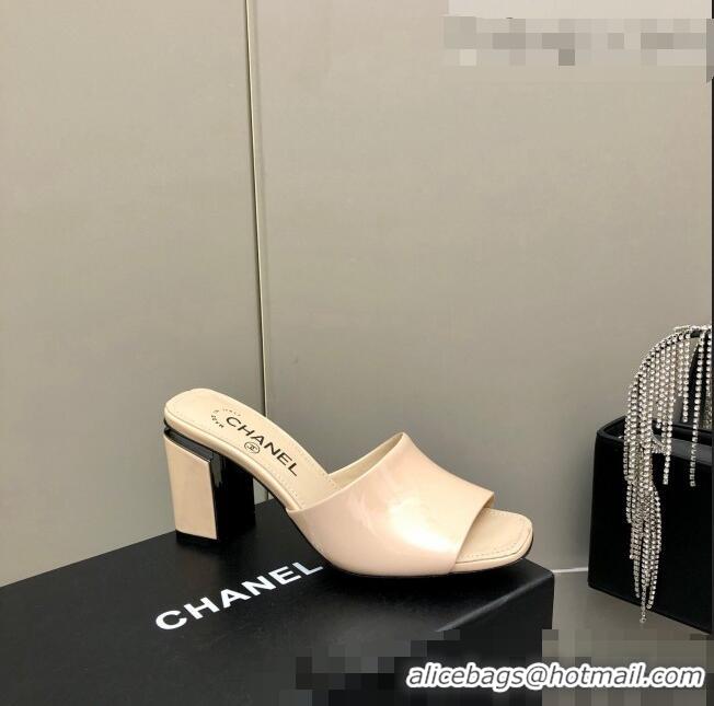 Top Quality Chanel Patent Calfskin Slide Sandals 8.5cm G38688 Beige 2022