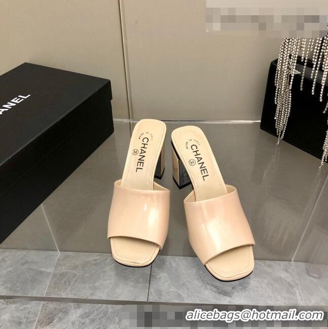 Top Quality Chanel Patent Calfskin Slide Sandals 8.5cm G38688 Beige 2022