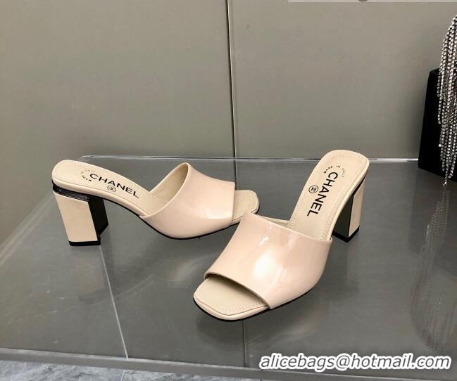 Top Quality Chanel Patent Calfskin Slide Sandals 8.5cm G38688 Beige 2022