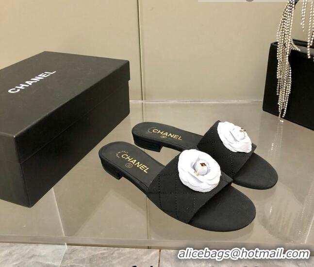 Super Quality Chanel Grosgrain Slide Sandals 2.5cm with Bloom Charm C21508 Black 2022