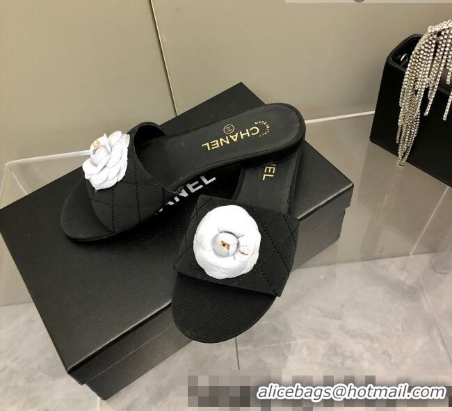 Super Quality Chanel Grosgrain Slide Sandals 2.5cm with Bloom Charm C21508 Black 2022