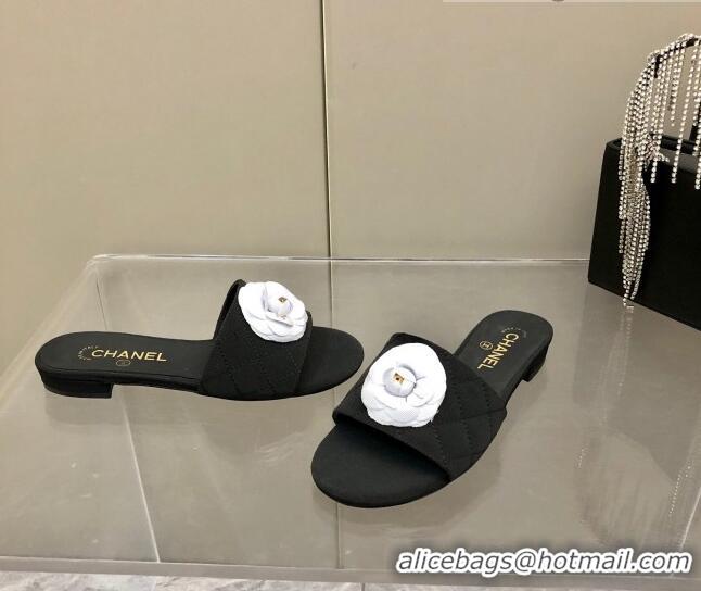 Super Quality Chanel Grosgrain Slide Sandals 2.5cm with Bloom Charm C21508 Black 2022