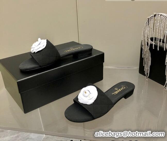 Super Quality Chanel Grosgrain Slide Sandals 2.5cm with Bloom Charm C21508 Black 2022