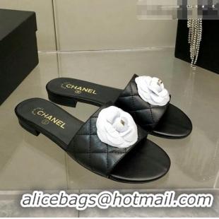 Top Grade Chanel Quilted Lambskin Slide Sandals 2.5cm with Bloom Charm C21509 Black 2022