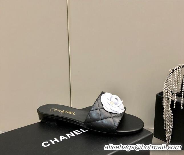 Top Grade Chanel Quilted Lambskin Slide Sandals 2.5cm with Bloom Charm C21509 Black 2022