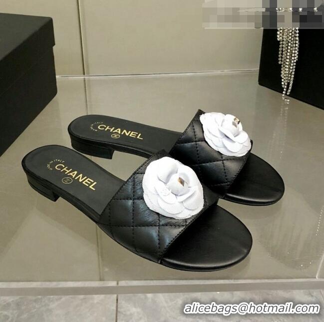 Top Grade Chanel Quilted Lambskin Slide Sandals 2.5cm with Bloom Charm C21509 Black 2022