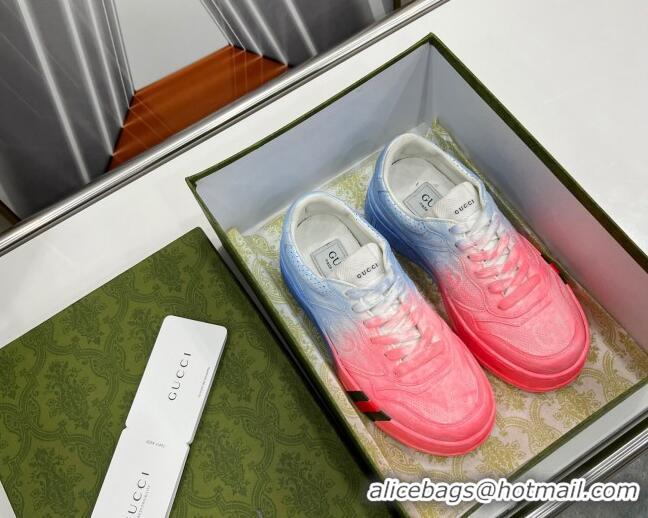 Best Grade Gucci Chunky B GG Embossed Leather Sneaker 021601 Blue/Pink