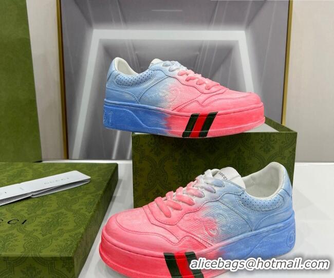 Best Grade Gucci Chunky B GG Embossed Leather Sneaker 021601 Blue/Pink