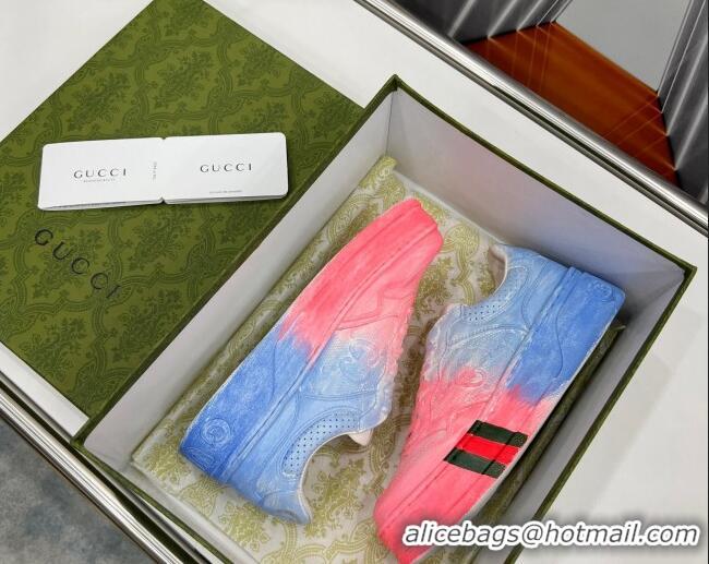 Best Grade Gucci Chunky B GG Embossed Leather Sneaker 021601 Blue/Pink