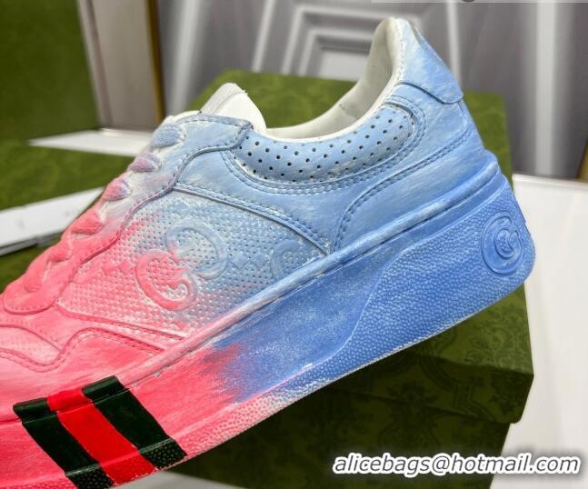 Best Grade Gucci Chunky B GG Embossed Leather Sneaker 021601 Blue/Pink