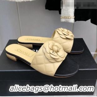 ​Top Quality Chanel Quilted Lambskin Slide Sandals 2.5cm with Bloom Charm C21509 Beige 2022