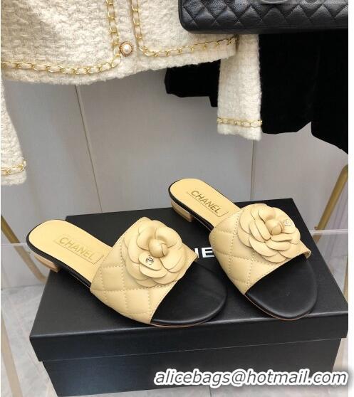 ​Top Quality Chanel Quilted Lambskin Slide Sandals 2.5cm with Bloom Charm C21509 Beige 2022