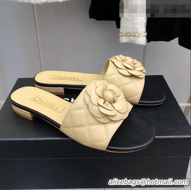 ​Top Quality Chanel Quilted Lambskin Slide Sandals 2.5cm with Bloom Charm C21509 Beige 2022