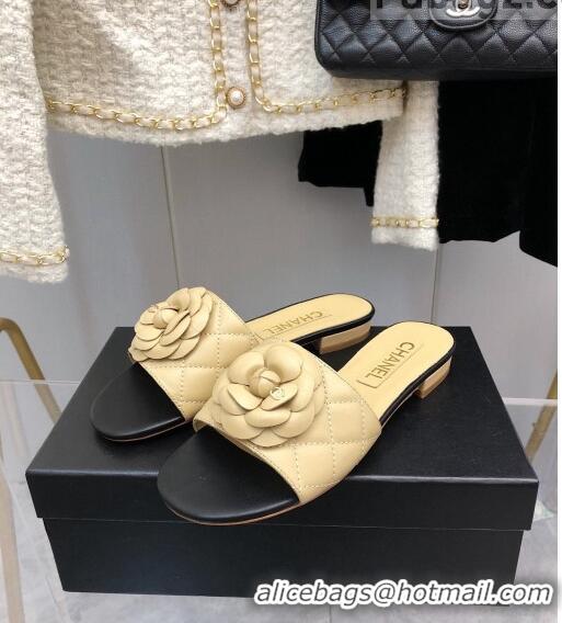 ​Top Quality Chanel Quilted Lambskin Slide Sandals 2.5cm with Bloom Charm C21509 Beige 2022