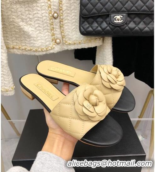 ​Top Quality Chanel Quilted Lambskin Slide Sandals 2.5cm with Bloom Charm C21509 Beige 2022