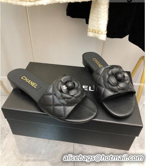 ​Shop Discount Chanel Quilted Lambskin Slide Sandals 2.5cm with Bloom Charm C21509 Black 2022