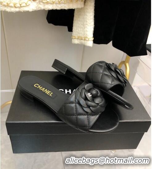 ​Shop Discount Chanel Quilted Lambskin Slide Sandals 2.5cm with Bloom Charm C21509 Black 2022