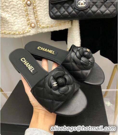 ​Shop Discount Chanel Quilted Lambskin Slide Sandals 2.5cm with Bloom Charm C21509 Black 2022