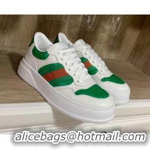 Luxury Gucci Snakeskin Embossed Leather Sneaker with Web 021604 Green