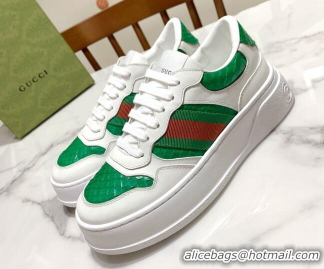 Luxury Gucci Snakeskin Embossed Leather Sneaker with Web 021604 Green