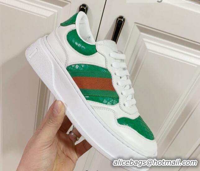 Luxury Gucci Snakeskin Embossed Leather Sneaker with Web 021604 Green