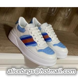 Top Grade Gucci Snakeskin Embossed Leather Sneaker with Web 021604 Blue