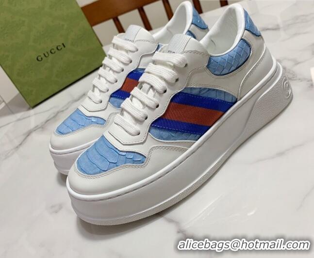 Top Grade Gucci Snakeskin Embossed Leather Sneaker with Web 021604 Blue