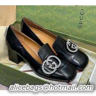 Best Luxury Gucci Leather Loafer Pumps 5cm with Crystal Double G 021909 Black