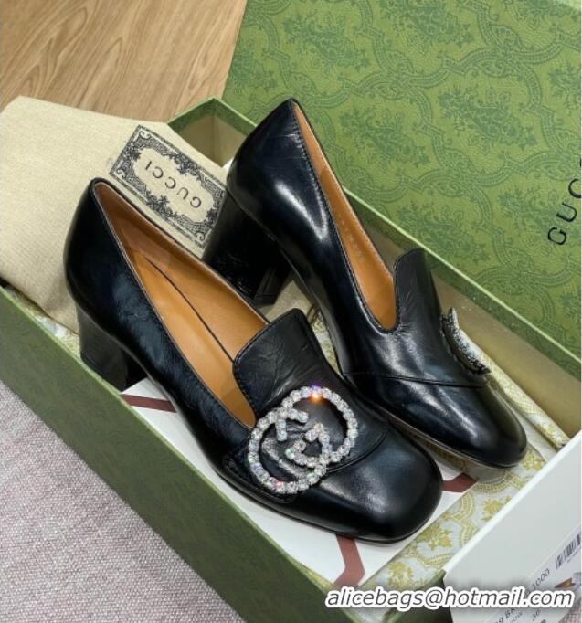 Best Luxury Gucci Leather Loafer Pumps 5cm with Crystal Double G 021909 Black